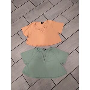 MONO B Womens Set of 2 Cropped V Neck T Shirts‎ Orange Green Size L